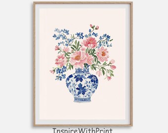 Ramo de peonías en acuarela en jarrón chinoiserie azul y blanco, decoración de pared con peonías rosas, pintura de estilo chinoiserie floral en acuarela