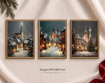 Vintage Christmas Village Wall Art Set of 3, Snowy European Town Printable Winter Decor, Christmas Gallery Wall