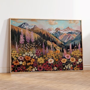Mountain Wildflower Landscape Art Print, Boho Mountain Landscape Wall Art Printable  Colorful Flower Field Art, Spring Meadow Field Painting