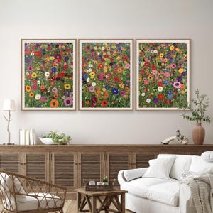 Vintage Frühlingsblumen Garten Landschaft 3 Stück Wandkunst, Gustav Klimt Blumenkunst Druckbare Botanische Garten Oi Malerei, Gustav Klimt Druck