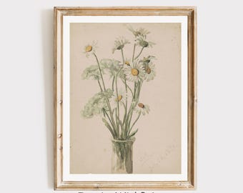 Daisy Wall Art Printable Vintage Flower Watercolor Painting, Neutral Wall Art, White Beige Flower Poster, Daisy Print, Wildflower Botanical