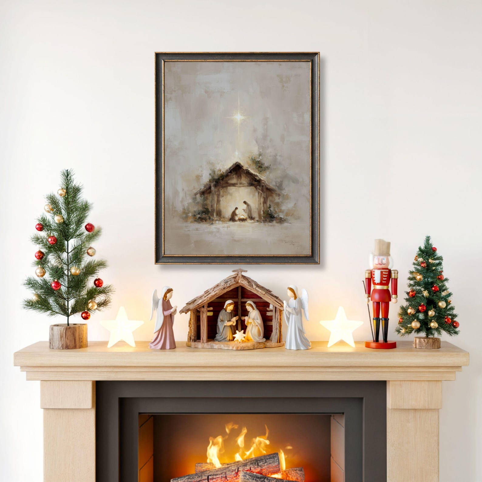 Holy Family Nativity Scene Wall Art, Glowing Manger Painting, Neutral ...