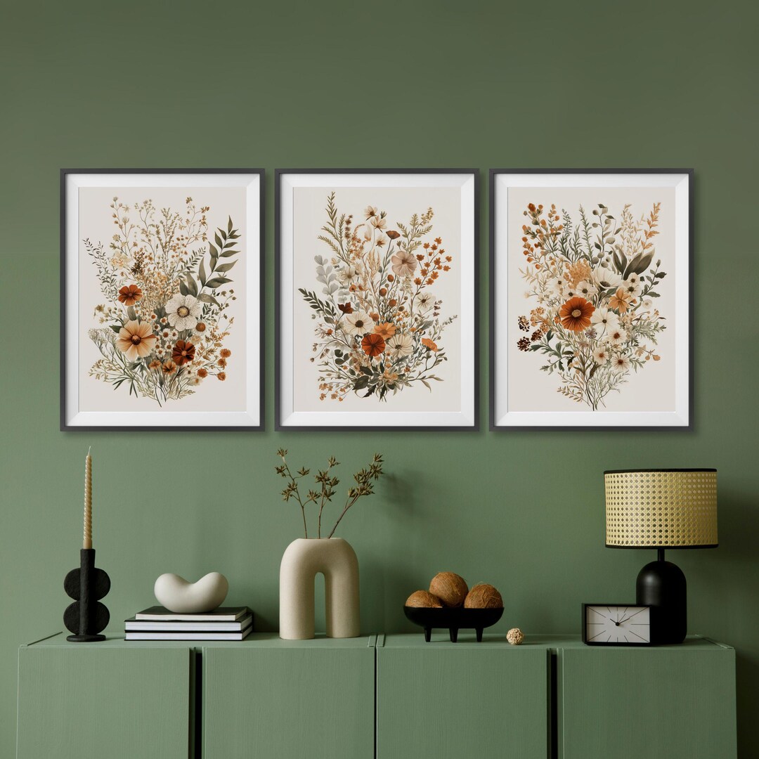 Rustic Wildflowers Print Set of 3, Neutral Boho Botanical Wall Art ...