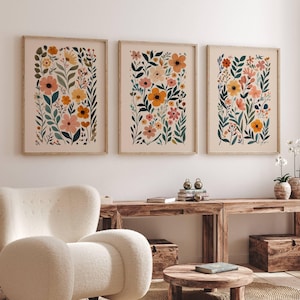 Boho Flower Botanical Print Set of 3, Boho Floral Printable  Abstract Botanical Wall Decor, Boho Nursery Wall Art, Retro Flower Market Print