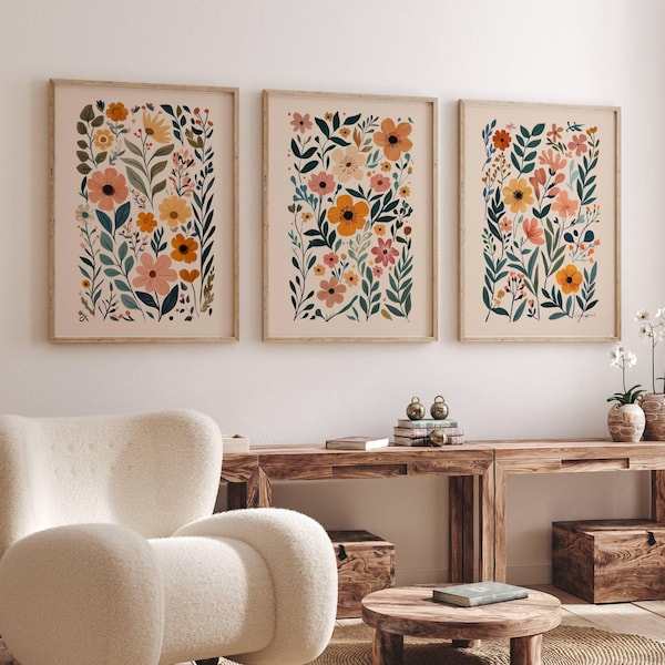 Boho blommig botanisk tryck set om 3, boho blommig utskrivbar abstrakt botanisk väggdekor, boho väggkonst för barnrum, retro blommarknadstryck