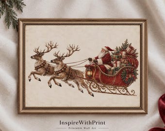 Vintage Santa Sleigh Wall Art, Christmas Reindeer Printable, Antique Holiday Decor, Victorian Winter Wonderland Print