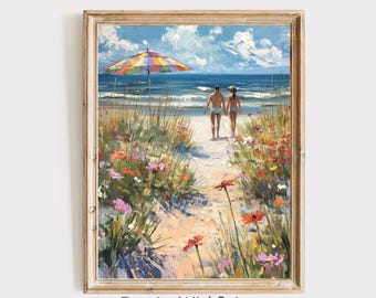 ロマンチックな海岸の絵画、カップルの海のウォールアートプリント、夏のビーチの小道の風景、カラフルな傘の海岸風インテリア