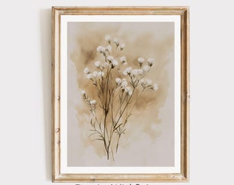 Pintura de acuarela de flores blancas vintage, arte de pared botánico neutro, impresión de flores silvestres imprimible, decoración de pared neutra, impresión de arte de flores boho