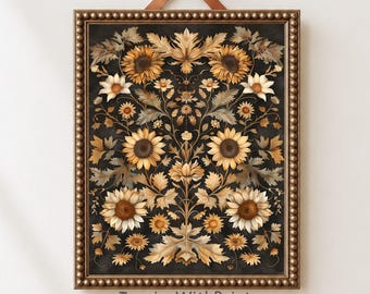 Muurdecoratie met herfstzonnebloemen, vintage botanische print, decoratie geïnspireerd op William Morris, sfeervolle cottagecore herfstprint
