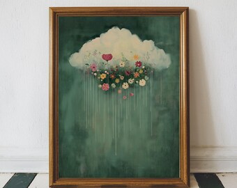 Moody Cloud Wall Art, Raining Cloud and Wildflower Landscape Painting, Green Wall Art, Vintage Cottagecore Printable Wildflowers Art Decor