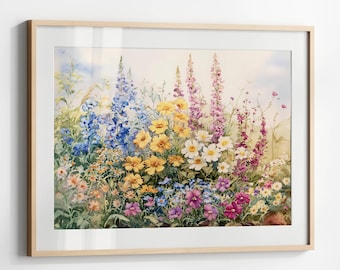 Watercolor Flower Garden Painting, Cottage Spring Flower Landscape Art Printable  Colorful Floral Watercolor Art Summer Farmhouse Wall Decor