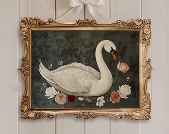 Vintage Schwan-Druck, neutrale schwermütige Vogel-Druck, launische Vintage druckbare Schwan-Kunst, antike weiße Schwan-Malerei, rustikale CottageCore Wandkunst