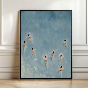 Swimming in the Beach Summer Print, Tiny People Swimming Print, Modern Summer Poster Beach House Blue Wall Decor Minimalist Summer Wall Art