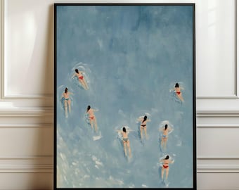 Swimming in the Beach Summer Print, Tiny People Swimming Print, Modern Summer Poster Beach House Blue Wall Decor Minimalist Summer Wall Art