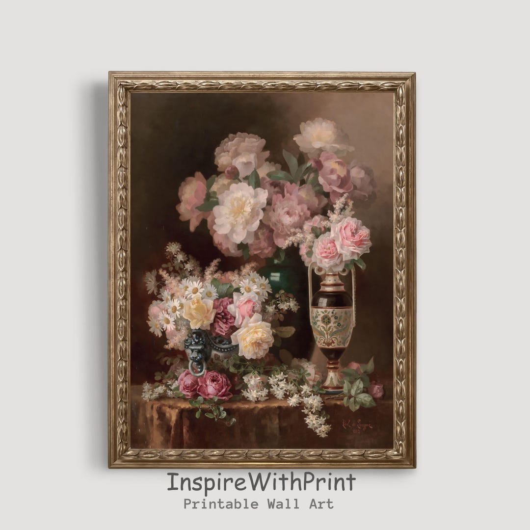 Vintage Rose Still Life Oil Painting, Pink Roses Wall Art, Flower Art ...