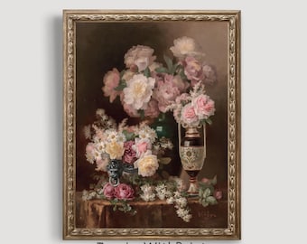 Vintage Rose Still Life Oil Painting, Pink Roses Wall Art, Flower Art Printable Neutral Art Print, Moody Floral Print, Antique Wall Decor