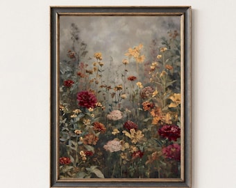 Vintage Fall Wildflower Meadow Print, Rustic Wildflower Field Printable Moody Fall Landscape Print, Farmhouse Autumn Dark Cottagecore Art