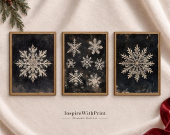 Snowflake Wall Art Set of 3, Vintage Christmas Printable Prints, Dark Winter Gallery Wall Decor