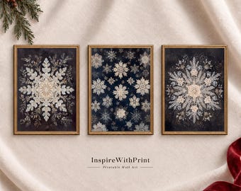 Vintage Snowflake Wall Art Set of 3, Dark Winter Botanical Prints, Christmas Printable Decor, Moody Holiday Gallery Wall