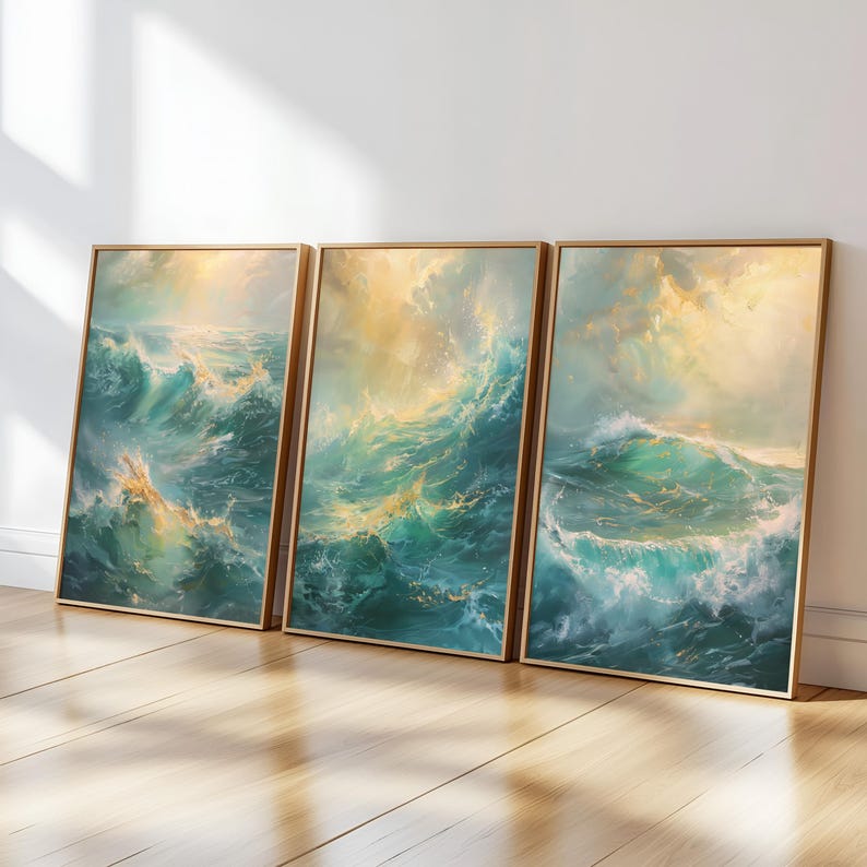 Ocean Wave Wall Art Set Of 3 Coastal Beach Prints Turquoise Sea 