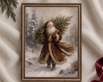Vintage Santa Wall Art Printable, Painterly Christmas Decor, Snowy Winter Forest Digital Print