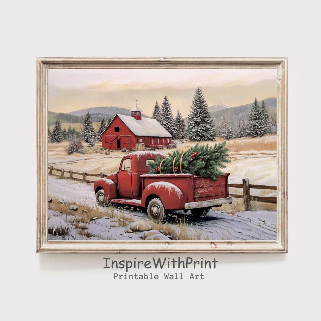Christmas Red Truck Print, Red Barn Print Winter Season Wall Decor ...