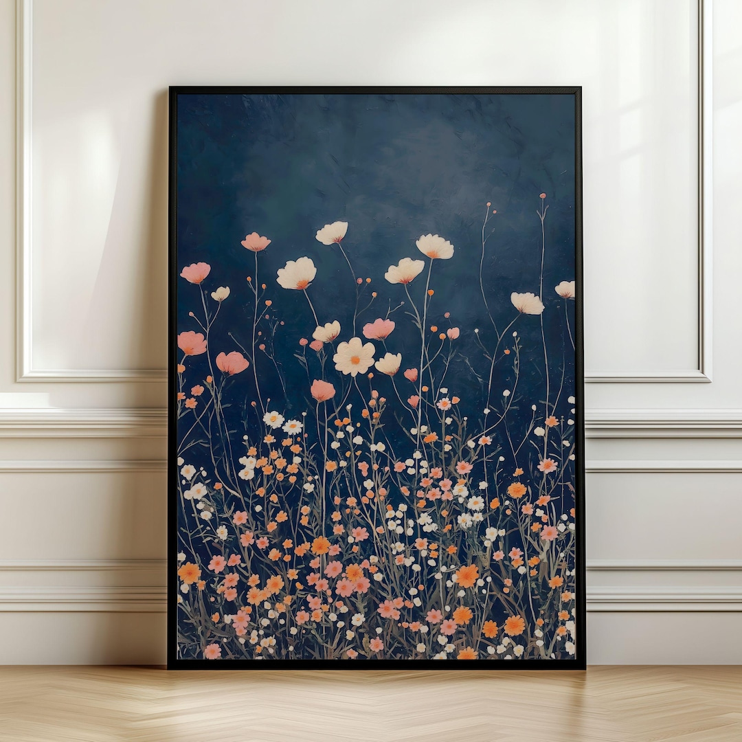 Dark Wildflowers Print, Botanical Landscape Painting, Navy Blue