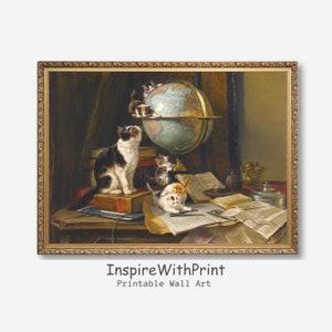 May include: A painting of a group of cats gathered around a globe, books, and other objects on a table. The cats are all looking up at the globe, which is tilted at an angle. The painting is in a gold frame.