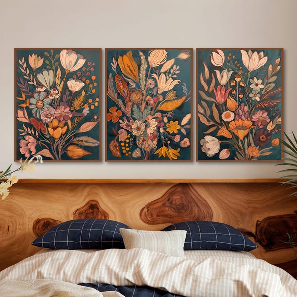 Väggkonst med blombukett i mid-century modern stil, set om 3, väggkonst med vilda blommor, utskrivbart blommigt botaniskt bohotryck, MCM vardagsrumsdekor