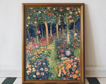 Impresión vintage de un paisaje de jardín con flores coloridas, arte floral de Gustav Klimt, pintura al óleo del jardín botánico francés, impresión Cottage Core