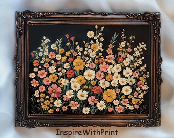 Colorful Wildflowers Wall Art, Vintage Flower Print, Dark Floral Printable Wildflower, CottageCore Flower Print, Moody Botanical Art Decor