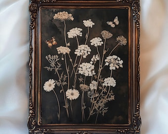 Dark floral Art Printable Boho Flower Neutral Print, Antique Wall Art Moody Wildflower Print, Farmhouse Rustic Wall Art Dark Botanical Print