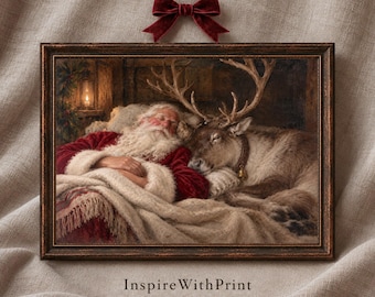 Sleeping Santa and Reindeer Printable Wall Art, Vintage Christmas Painting, Cozy Holiday Woodland Decor
