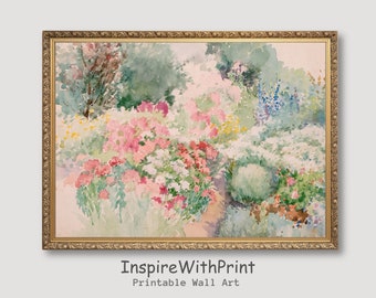 Vintage Spring Flower Garden Painting, Digital download French Country Cottage Landscape Art, French Summer Garden Print, Spring Wall Art