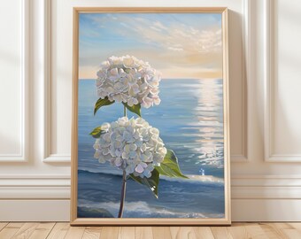 アジサイの夕日と海の絵画、海岸の花の壁飾り、リビングルーム用のビーチ風景プリント、コテージコア風の航海風ホームギフト