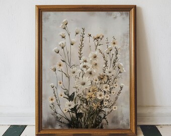 Vintage Wildflower Print, Moody White Flower Art Printable Neutral Natural Wall Art, Antique Floral Print, Farmhouse Cottage Core Art Print