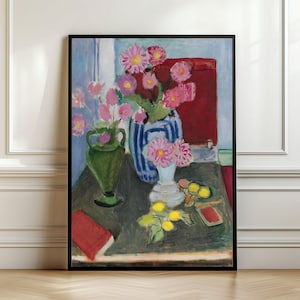 Arte mural de Henri Matisse, impresión de jarrón de flores abstracto con libros, impresión de Henri Matisse, impresión ecléctica imprimible de arte abstracto colorido en colores pastel