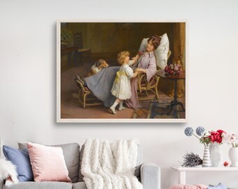 母と娘の絵画、デジタルダウンロードヴィンテージウォールアート