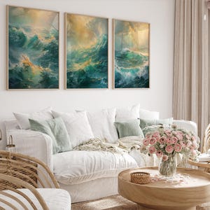Ocean Wave Wall Art Set Of 3 Coastal Beach Prints Turquoise Sea 