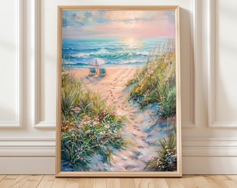 夢のような海岸の夕日の壁画、ピンクの海のビーチの絵画、柔らかな夏の海景プリント、リビングルーム用のビーチコテージの装飾アートワーク