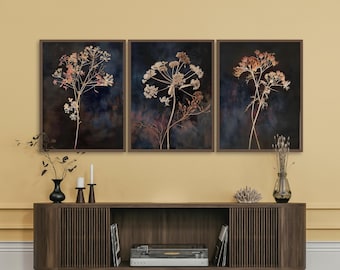 Moody Floral Printable Wall Art Set of 3, Dark Botanical Print, Vintage Dark Floral Art, Antique Floral Print, Rustic Flower Wall Art