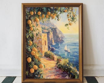 Mediterranean Landsacpe With Lemons Print, Italian Seascape Printable Wall Art, Coastal Kitchen Print, Moody Lemon Wall Art, Summer Print