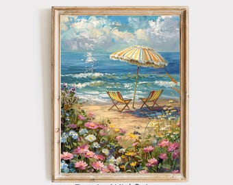 カラフルな海岸のビーチの壁アートプリント、ストライプの傘の海の絵、リビングルーム用の夏の海景プリント、海岸のグランドミレニアル装飾