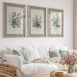 Eucalyptus Leaves Print Set of 3, Botanical Watercolor Painting, Sage Green Wall Art, Botanical Art Print, Eucalyptus Wall Art Printable