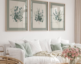Eucalyptus Leaves Print Set of 3, Botanical Watercolor Painting, Sage Green Wall Art, Botanical Art Print, Eucalyptus Wall Art Printable
