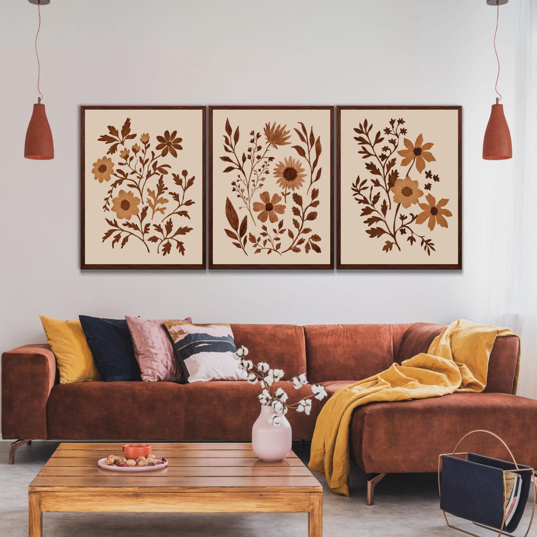 Neutral Botanical Printable Boho Wall Art Set of 3, MCM Floral Print ...