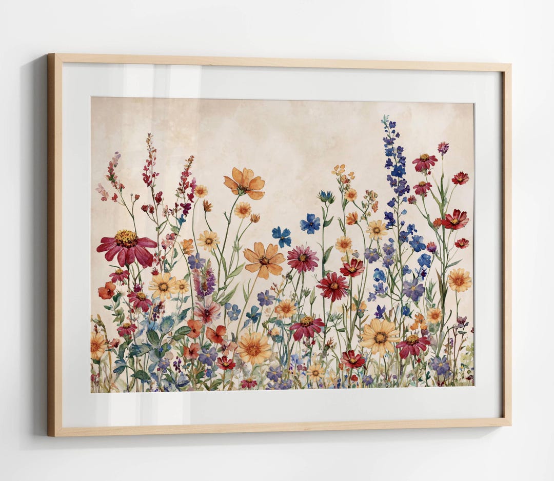 Watercolor Wildflower Field Painting, Colorful Flower Landscape Wall ...