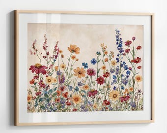 Aquarell Wildblumen Feld Gemälde, bunte Blumen Landschaftswandkunst, Frühling Wildblumen Druck, Wiese Feld Wandkunst, Frühlingswanddekor