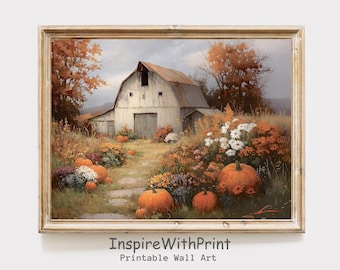 Pumpkin Barn Wall Art, Vintage Fall Barn Print, Rustic Fall Farmhouse Printable Autumn Cottagecore Art, Neutral Countryside Pumpkin Painting