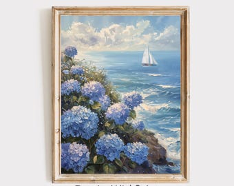 青いアジサイの海岸風景画、航海をテーマにした帆船の海の壁掛けアート装飾、海辺のビーチハウスのプリント、コテージコア風の夏の家のアクセント